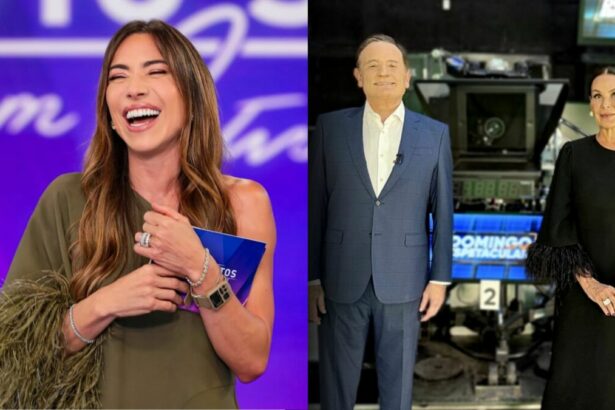Patricia Abravanel de vestido verde no palco do Programa Silvio Santos, Roberto Cabrini e Carolina Ferraz em pé no cenário do Domingo Espetacular