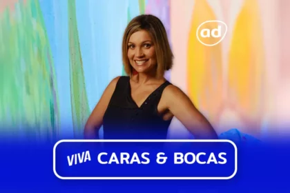 Protagonista de Caras & Bocas sorridente na arte do resumo da novela no Viva