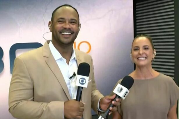 Vanderson Nascimento e Andréa Silva em foto posada no cenário do Bahia Meio Dia
