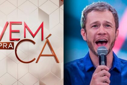Montagem com o logo do programa Vem Pra Cá e o apresentador Tiago Leifert segurando microfone