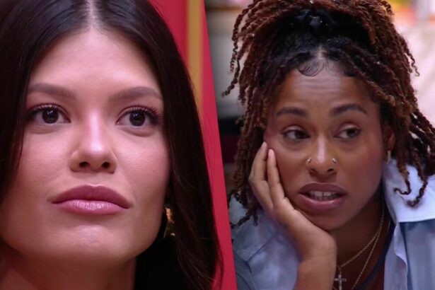 Vitória Strada com semblante assustado olhando para Thamiris durante o sincerão do BBB 25