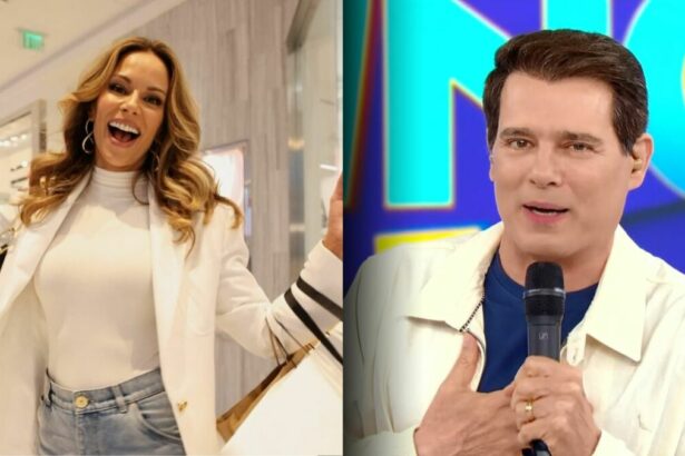 Ana Furtado veste branco e sorrir nos corredores do Domingo Legal. Na segunda tela, Celso Portiolli veste camisa branca de botão e uma azul por dentro no cenário do programa do SBT