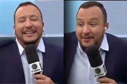 Cenário cai nas costas do apresentador Robson Moreira que rir da situação. Ele segura o microfone da TV Diário, afiliada da TV Globo