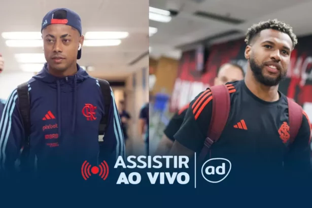 Montagem com jogadores do Flamengo e Internacional no vestuário do jogo pelo Brasileirão 2025