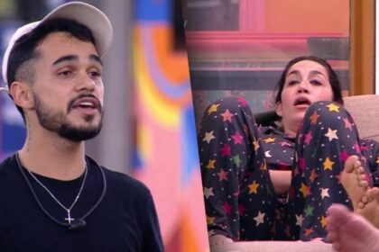 João Gabriel de camisa preta divide tela com Daniele, que está deitada na área externa do BBB 25