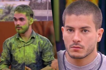João pedro de fumaça verde no sincerão divide tela com arthur aguiar que está sério, na cozinha do bbb