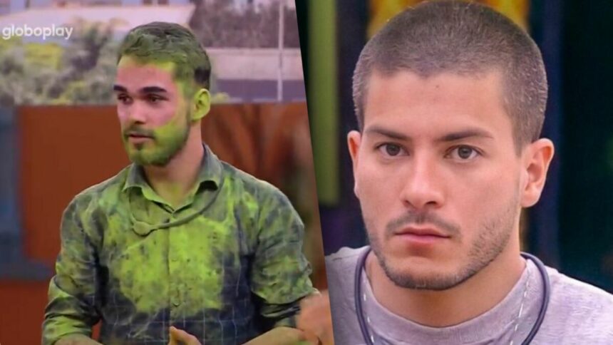 João Pedro de fumaça verde no Sincerão divide tela com Arthur Aguiar que está sério, na cozinha do BBB
