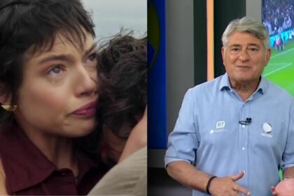 Luma e Mavi choram abraçados numa praia em cena de Mania de Você. Cléber Machado sorrir no cenário da transmissão da Final do Paulistão na RECORD
