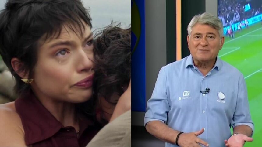 Luma e Mavi choram abraçados numa praia em cena de Mania de Você. Cléber Machado sorrir no cenário da transmissão da Final do Paulistão na RECORD