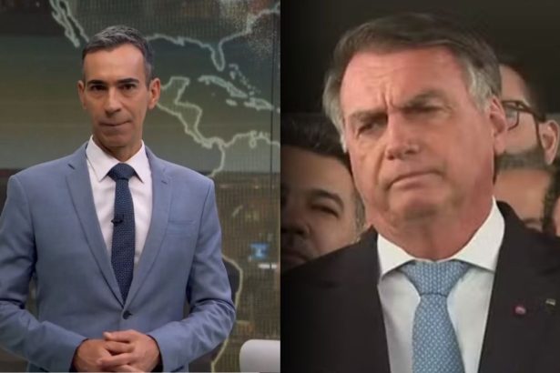 Cesar Trali de terno azul claro no cenário do Jornal Hoje, divide tela com Jair Bolsonaro em entrevista coletiva em Brasília