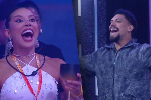 Renata com a boca aberta recebe Vinicius que vem cantando no palco da festa do Líder do BBB 25