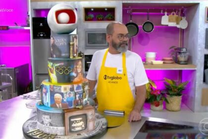 Beto jambeiro, ao lado do bolo com recheio de doce de leite e mix de castanhas no mais você