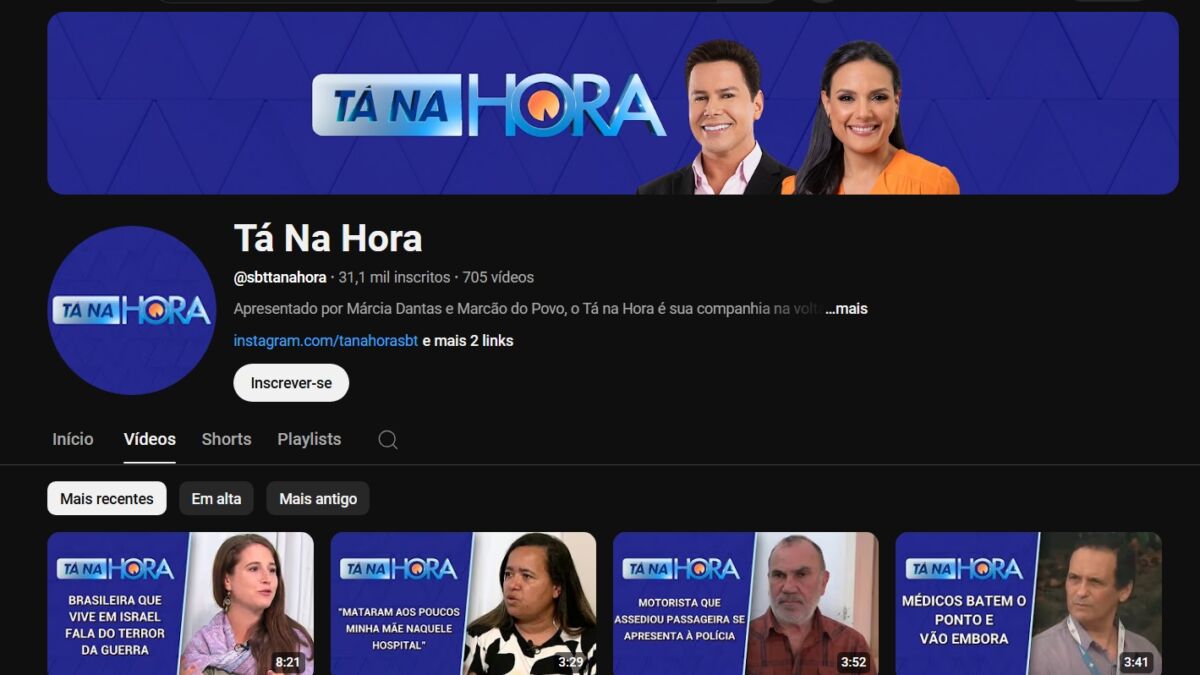 Print do canal do Tá na Hora no YouTube, mostrando conteúdos antifos 