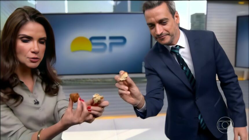 Sabina Simonato e Tiago Scheuer comendo as coxinhas no estúdio do Bom Dia SP