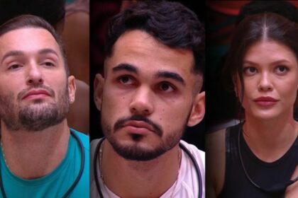Diego hypolito, joão gabriel e vitória strada com semblante sério e assustados, sentados no sofá do bbb 25