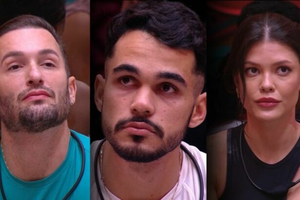 Diego Hypolito, João Gabriel e Vitória Strada com semblante sério e assustados, sentados no sofá do BBB 25