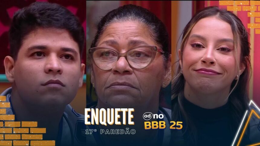 Guilherme, Joselma [Delma] e Renata com semblantes tristes na arte da enquete 17º Paredão do BBB 25