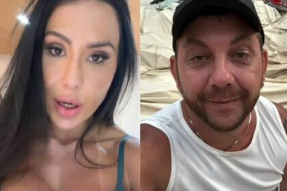 Gracyanne Barbosa e Edilberto, com a coluna do circo caída ao fundo, em uma montagem