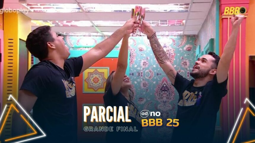Guilherme, João Pedro e Renata na arte da parcial da enquete da final no BBB 25