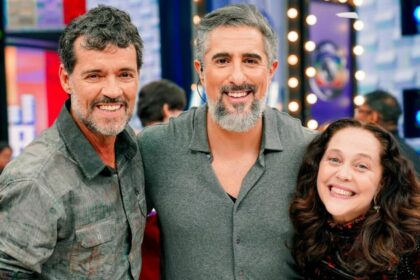 Isabela Garcia e Felipe Camargo, ao lado de Marcos Mion, no cenário do Caldeirão
