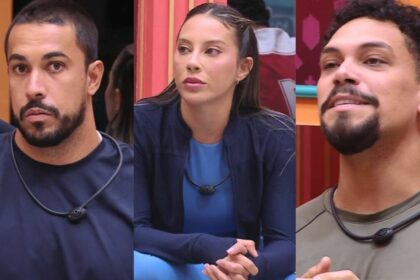 Maike, renata e vinicius em uma montagem no bbb 25