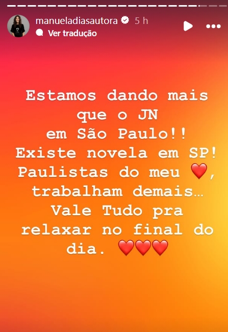 Manuela Dias comemorou a audiência de Vale Tudo nos stories do Instagram 