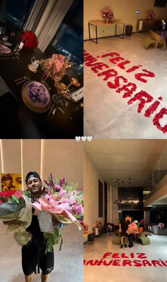 Registros retirados do Instagram, com Neymar segurando flores e beijando Bruna Biacardi 