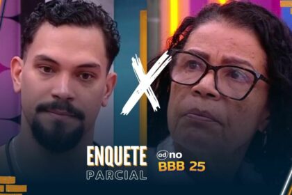 Vinicius com semblante assustado divide tela com Vilma, que está séria, na arte da enquete do BBB 25