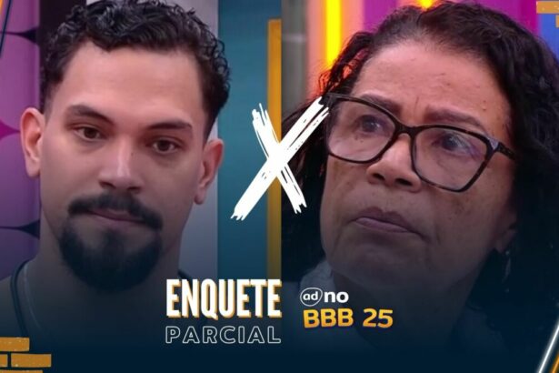 Vinicius com semblante assustado divide tela com Vilma, que está séria, na arte da enquete do BBB 25