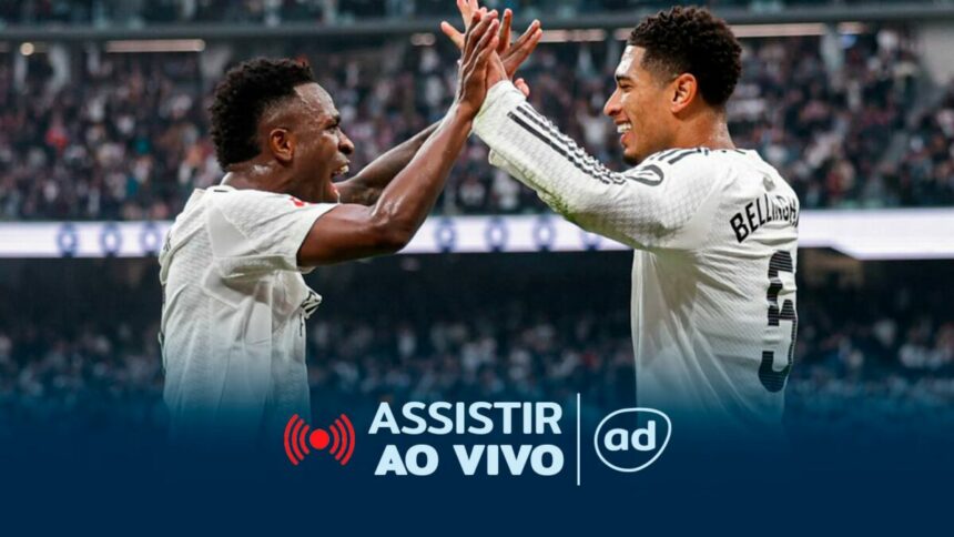 Vini Jr e Jude Bellingham na arte onde assistir ao jogo Real Madrid x Arsenal