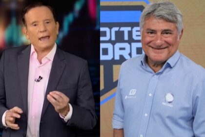 Roberto Cabrini e Cleber Machado em uma montagem na RECORD
