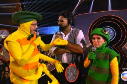 Tatá Werneck, Paulo Vieira e Fabio Porchat em trecho do show de 60 anos da TV Globo