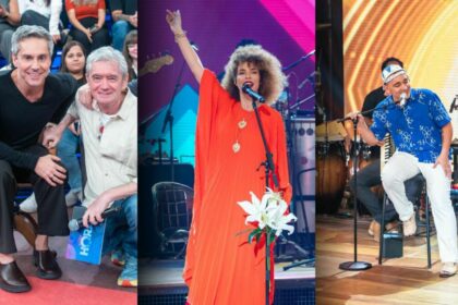 Alexandre de Nero ao lado de Serginho Groisman que está sentado ao lado dele. Segunda imagem: Vanessa da Mata em pé de vestido vermelho no palco do Altas Hora. Terceira imagem: João Gomes de camisa azul também no palco do programa