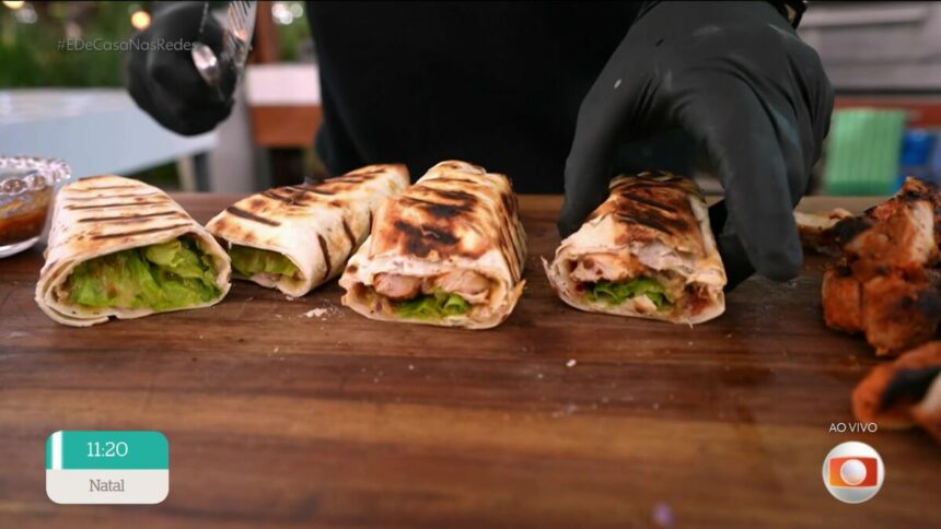 burrito de sobrecoxa no balcão de madeira do É de Casa