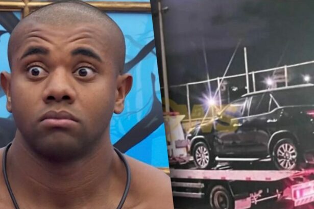 Davi Brito com os olhos arregalados divide tela com o carro preto sendo levado em um reboque da Superintendência de Trânsito de Salvador (Transalvador)