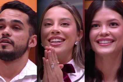 João pedro, renata e vitória strada em pé na sala do bbb 25 pedindo votos no último paredão da temporada