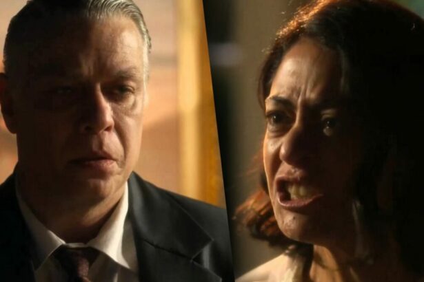 Juliano de terno preto assustado, olhando para Clarice que abre a boca e grita em cena de Garota do Momento