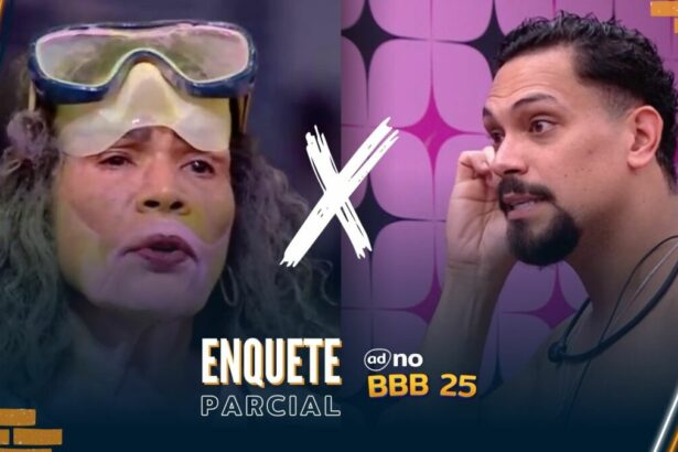 Vilma toda suja de fumaça colorida divide tela da arte da enquete do Portal Alta Definição com Vinicius que coça o ouvido no quarto do BBB 25