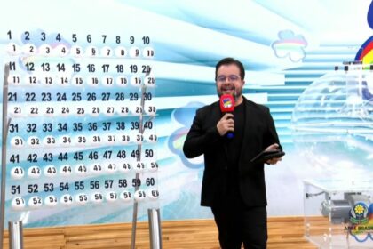 Apresentador do Pernambuco dá Sorte em frente ao painel com as bolas do sorteio