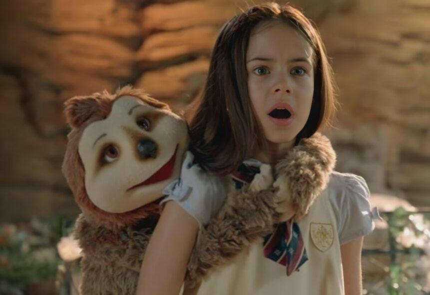 Protagonista de A Caverna Encantada ao lado do personagem de pelúcia em uma caverna. Eles estão assustados