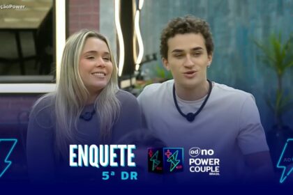 Bia e Gui na arte da enquete do Power Couple, sentados na sala da Mansão Power