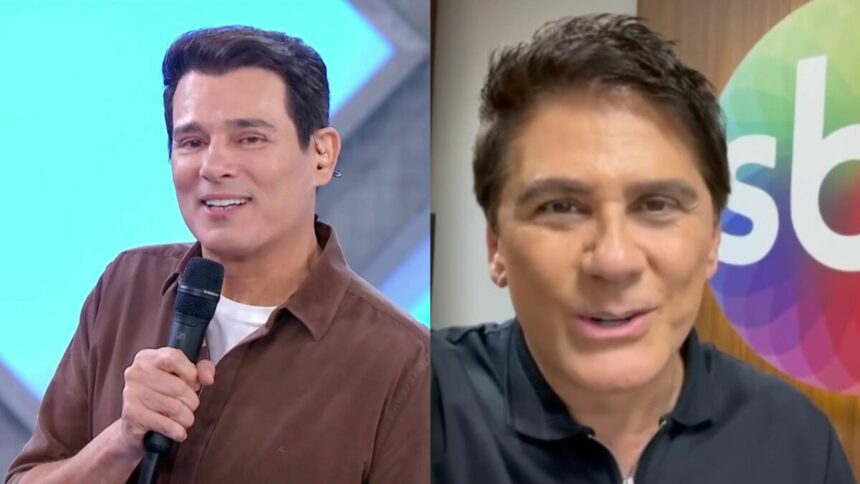 Celso Portiolli segura microfone do Domingo Legal e divide tela com Cesar Filho que está em frente ao logo do SBT