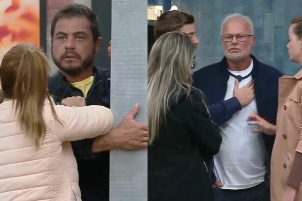 Dhomini e Kadu precisando serem segurados, em trecho de treta, no Power Couple