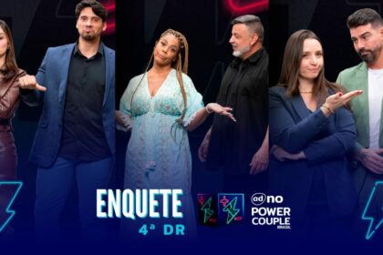 Fran e Júnior, Sílvia e André, Carol e Radamés com semblantes tristes e preocupados na arte da enquete do Power Couple Brasil 7
