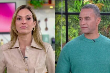 Talitha e Fabrício chorando no cenário do Mais Você