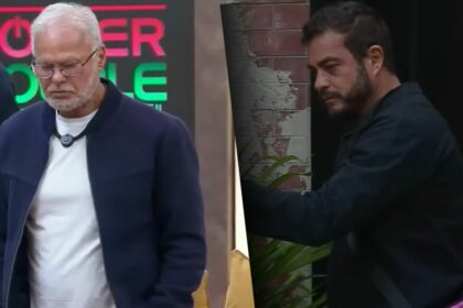 Kadu Moliterno e Dhomini em uma montagem, com trechos da treta no Power Couple