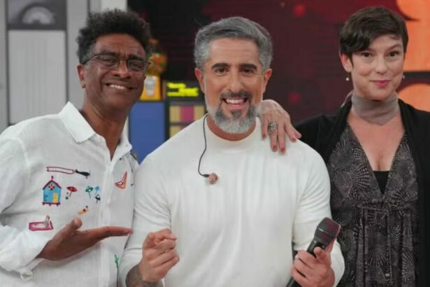 Marcos Mion, Helio de la Peña e Maria Paula em trecho do TV Teca no Caldeirão