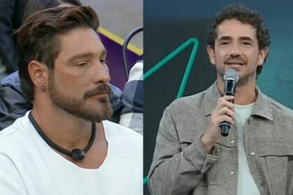 Victor Pecoraro e Felipe Andreoli em uma montagem no Power Couple