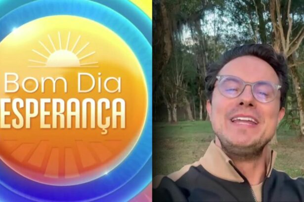 Logo do programa Bom Dia Esperança ao lado de Deive Leonardo que gravou um vídeo com óculos de grau em algum campo para a coletiva do SBT