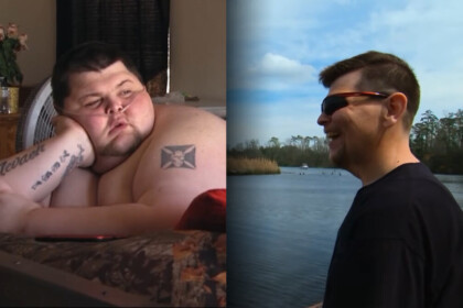 Cillas do Quilos Mortais completamente obeso e deitado em uma cama divide tela com um registro dele bem mais magro pescando em um lago com óculos escuro e sorridente